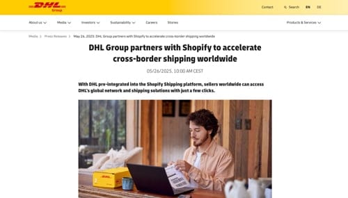 Web page on DHL Group announcing Shopify partnership Web page on DHL Group announcing Shopify partnership