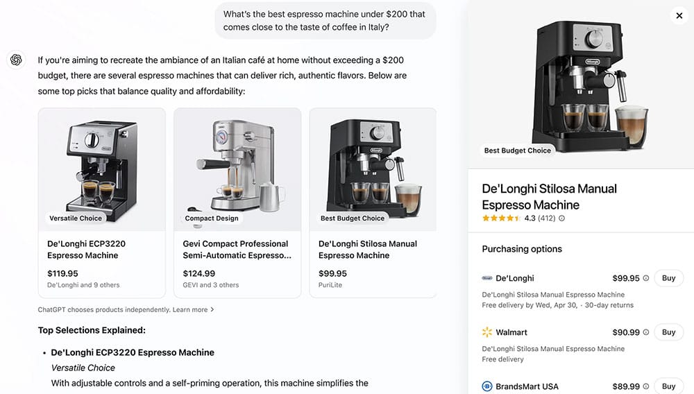 ChatGPT shopping interface showing espresso machine product recommendations with prices and buying options from multiple retailers