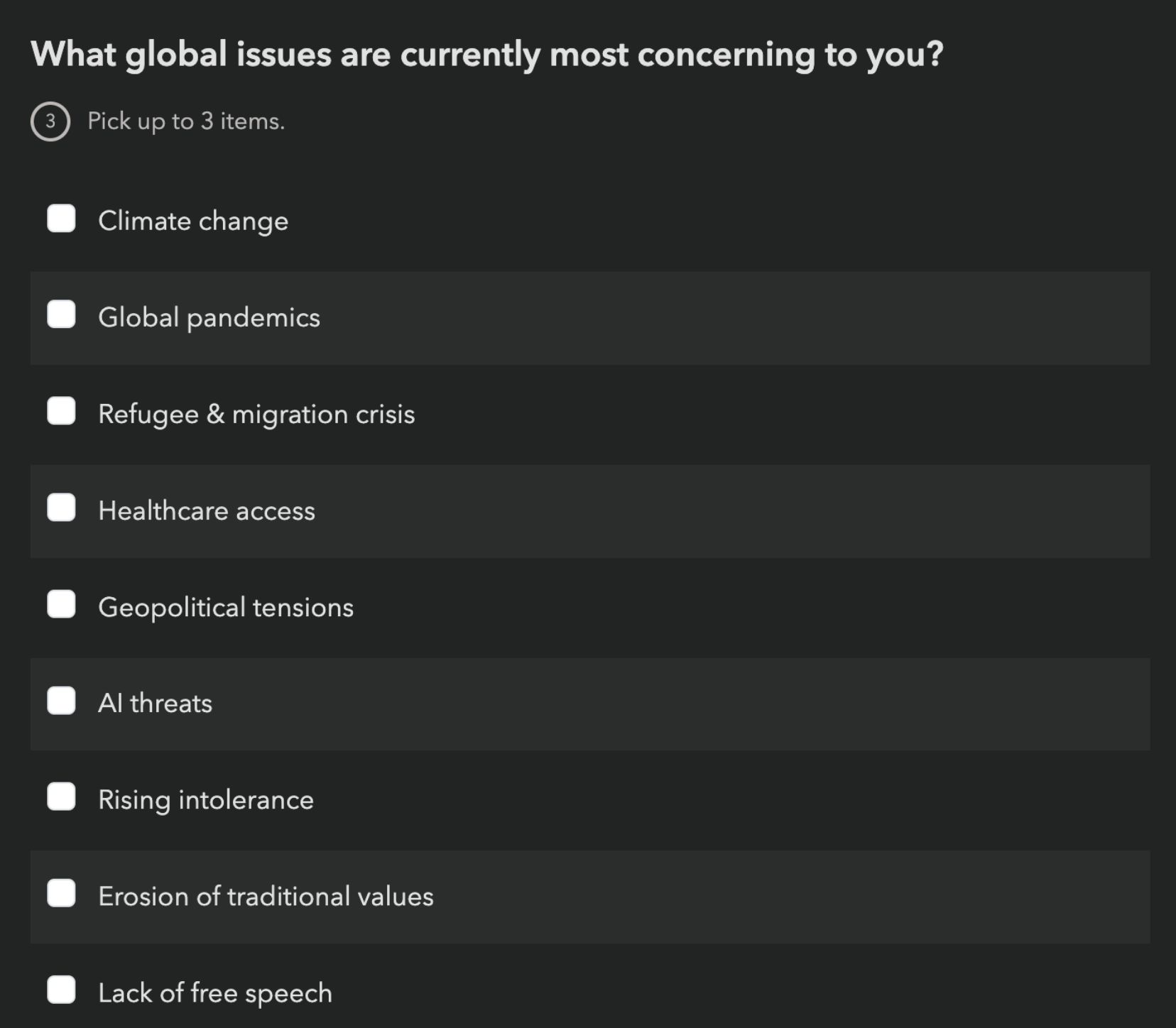 Question: What global issues are currently most concerning to you?