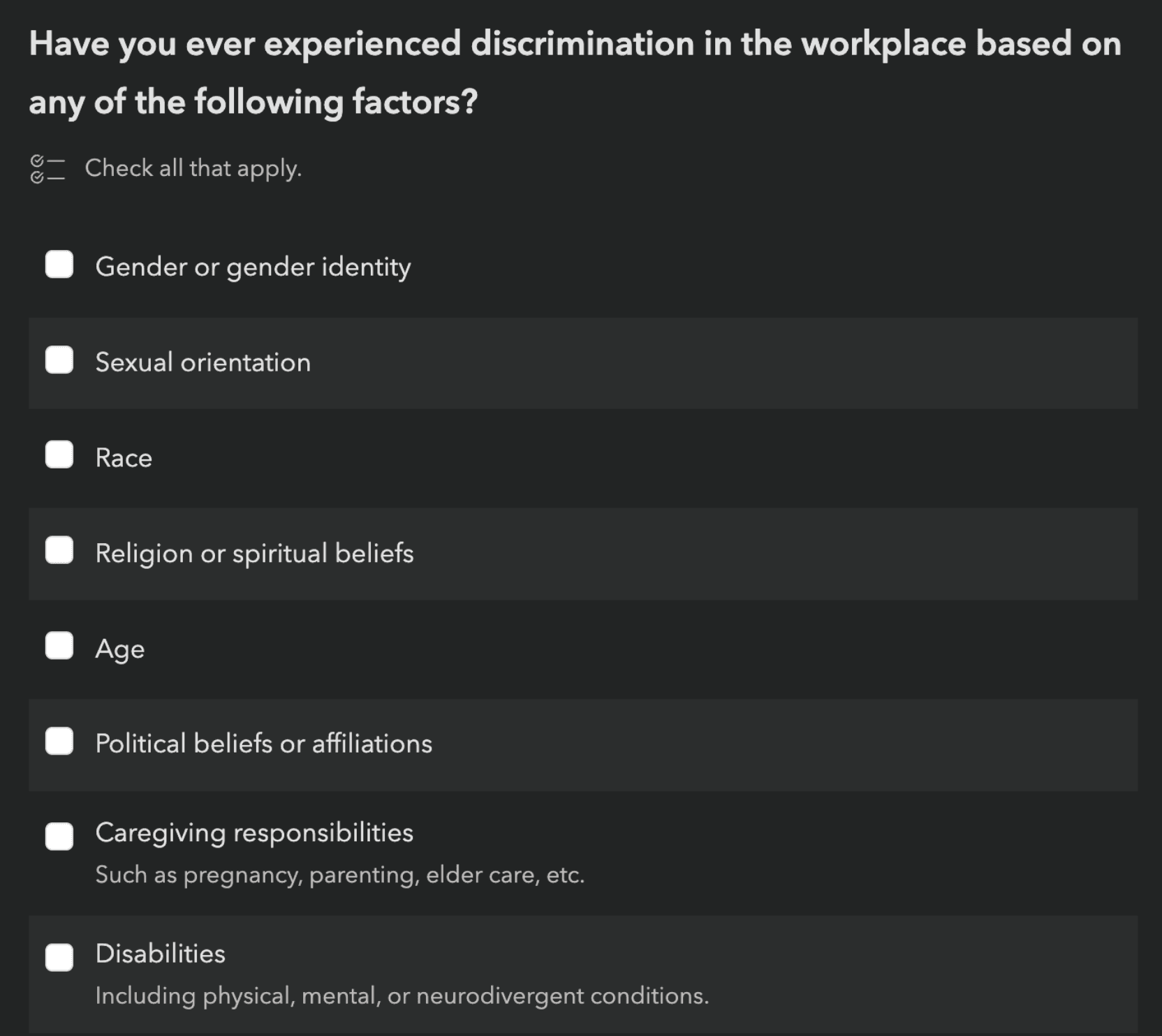 Question: Have you ever experiences discrimination in the workplace based on any of the following factors?