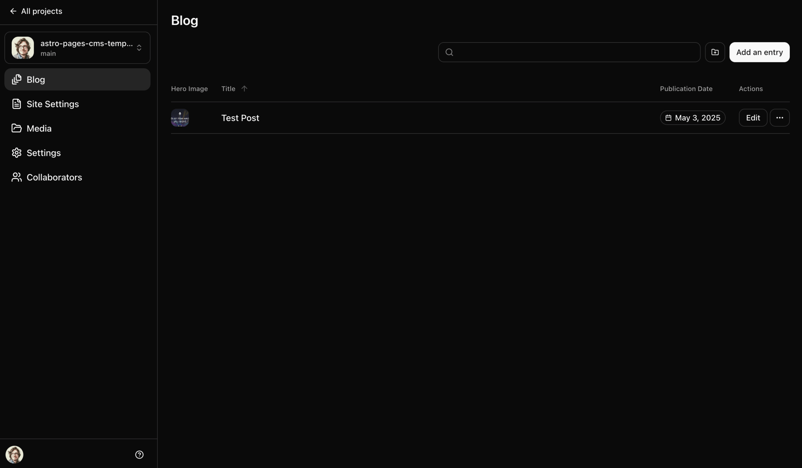 Blog dashboard page, displaying the blog entries, there is only one at the moment, called Test Post. At the top, a button labeled "Add an entry"