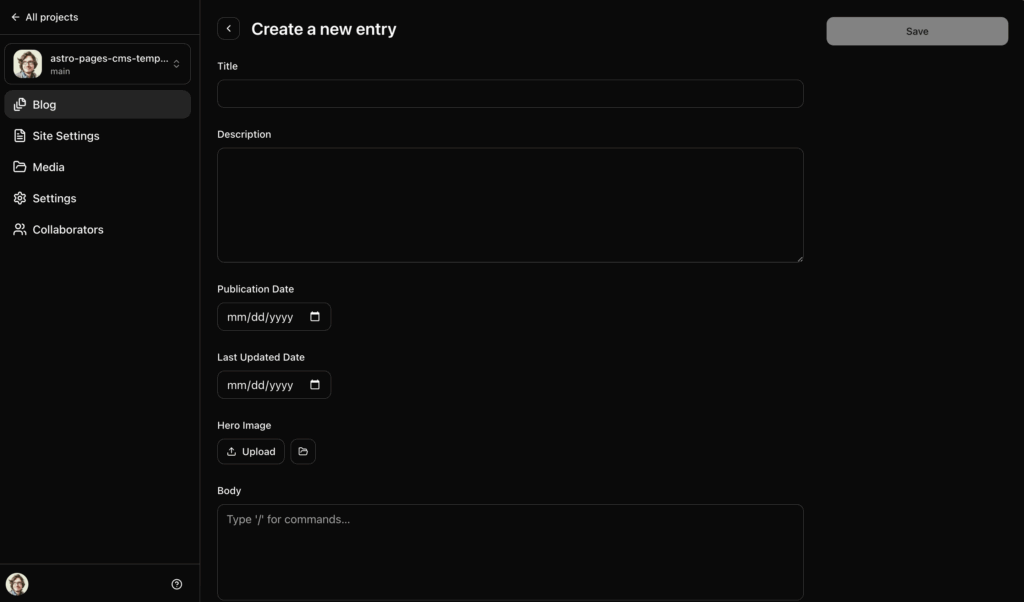 create a new entry page, with fields for title, description publication date, last updated date, hero image, and body