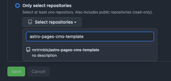 granting permission to a single repository, called mrtrimble/astro-pages-cms-template