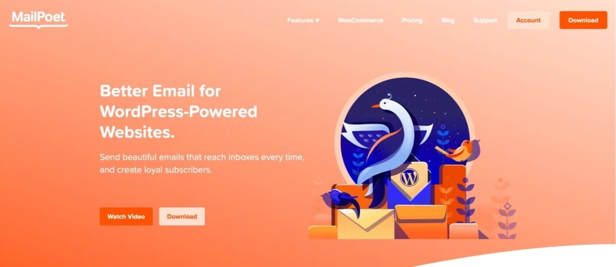 MailPoet homepage with the text "better email for WordPress-powered websites."