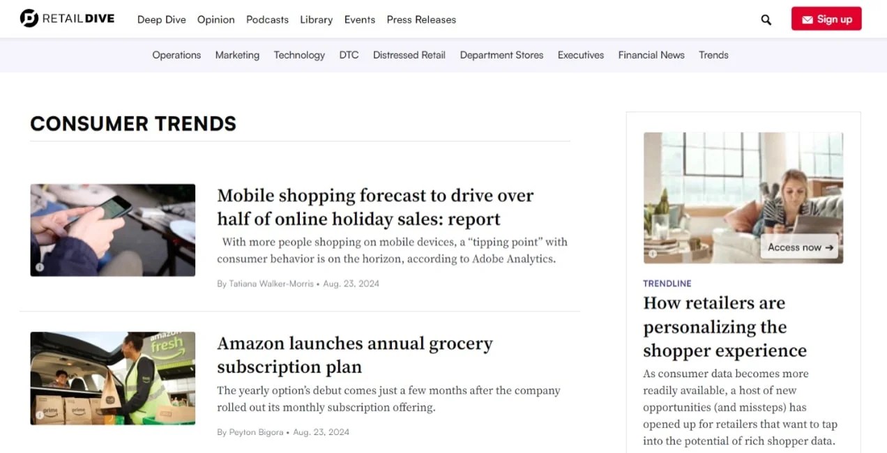 RetailDive website with consumer trends