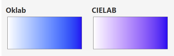Comparing blue gradients in Oklahoma and CIELAB. The CIELAB gradients contains shades of purple.