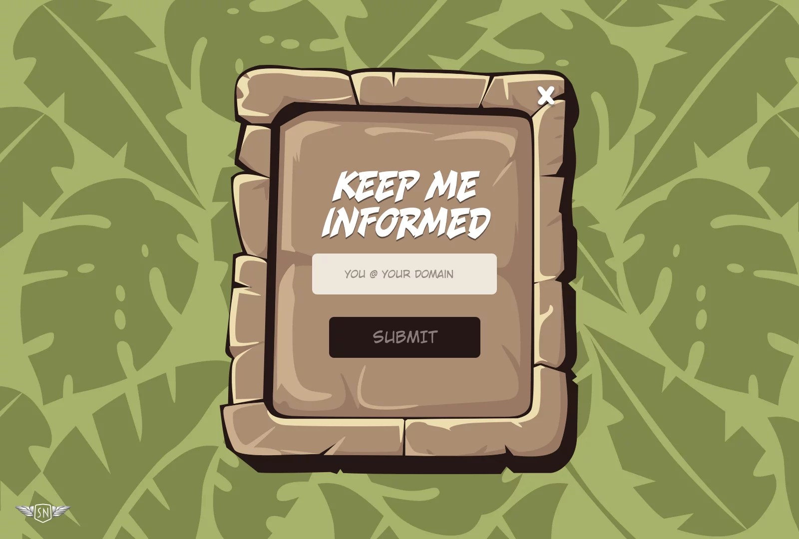 A dialog against a cartoon stone tablet illustration with an email signup for inside.