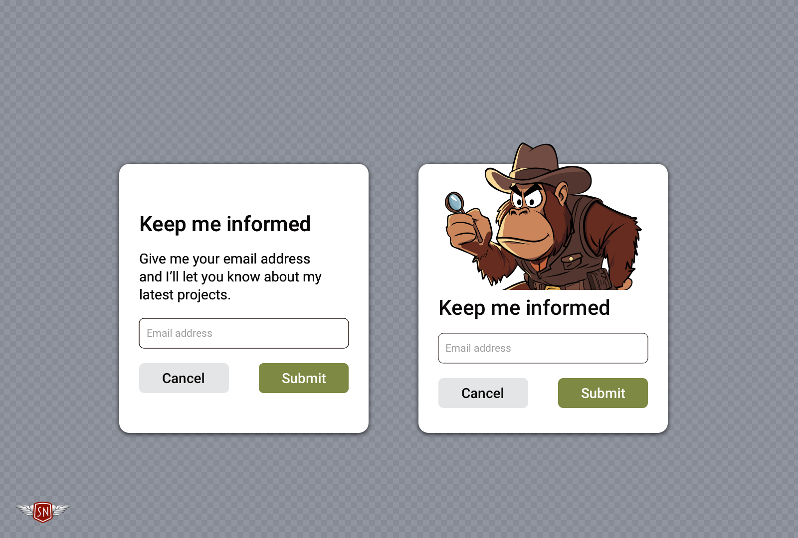 Two examples of plain-looking dialogs with white backgrounds and box shadows.