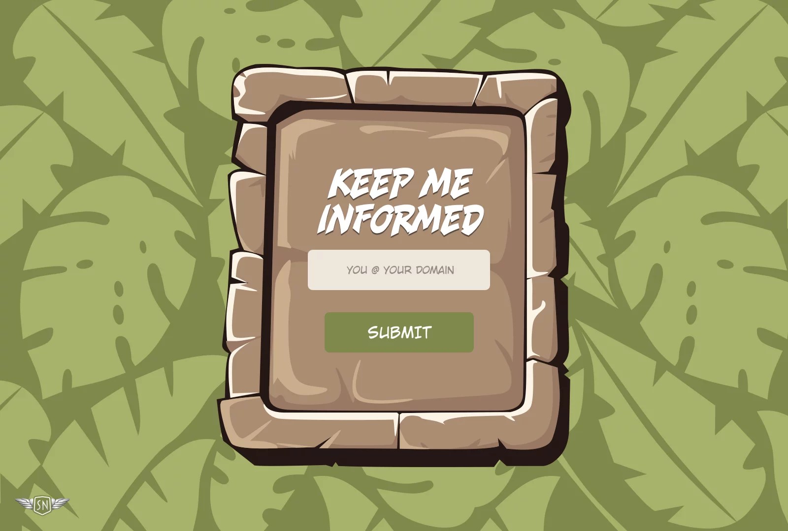 Dialog sitting on top of a safari jungle pattern as the backdrop. The dialog is styled with a cartoon stone tablet illustration with an email signup form inside.