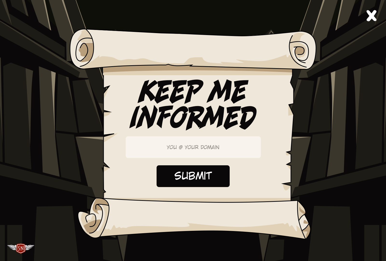 Dialog in the design is an open scroll with script lettering and an email signup form.