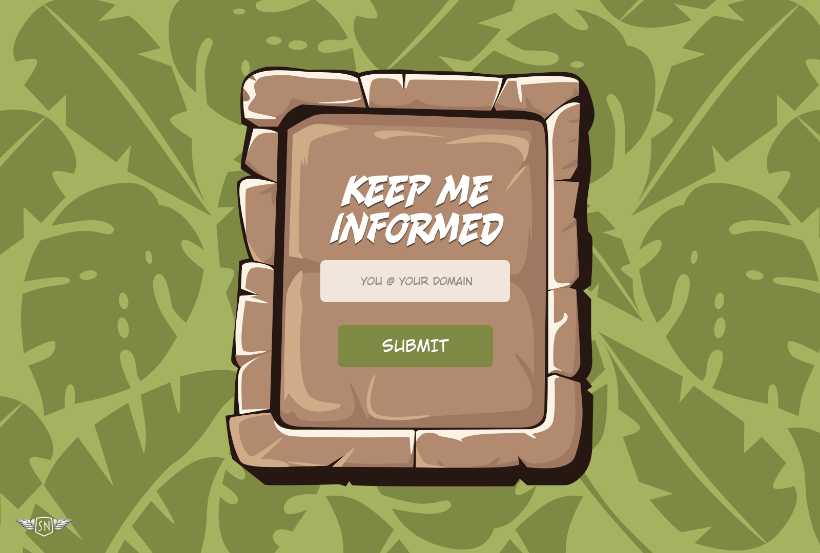 Dialog sitting on top of a safari jungle pattern as the backdrop. The dialog is styled with a cartoon stone tablet illustration with an email signup form inside.