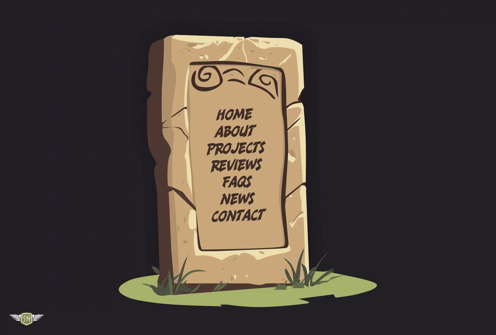 A menu of links set against a cartoon stone tablet illustration.