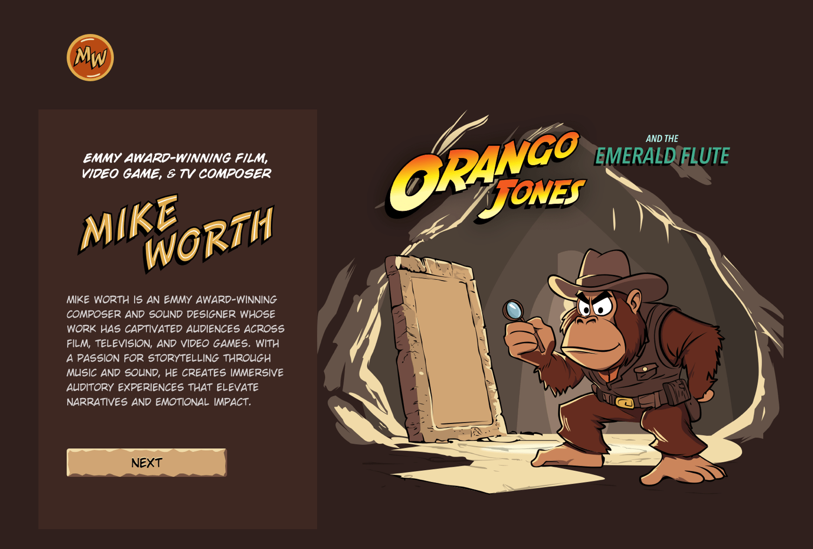 Homepage design for Mike Worth website, showing a cartoon gorilla in a dark cave in an Indiana Jones style.
