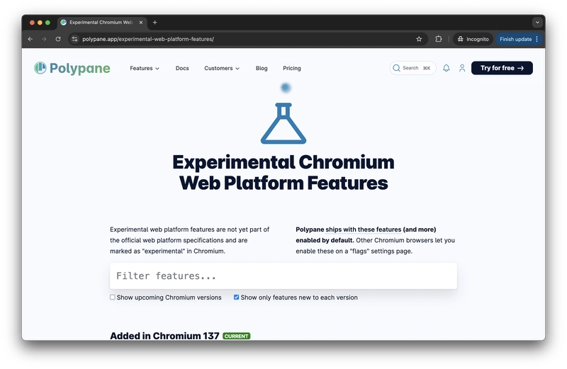 Polypane webpage showing a search bar for Experimental Chromium Web Platform Features.