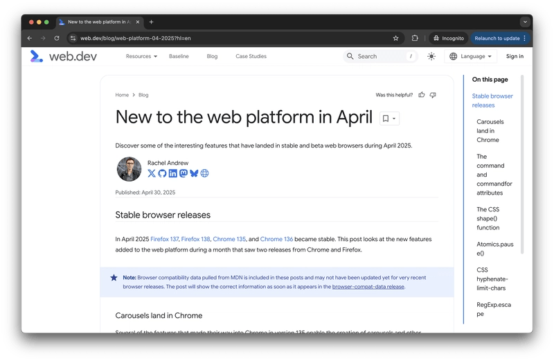 New to the web platform in April