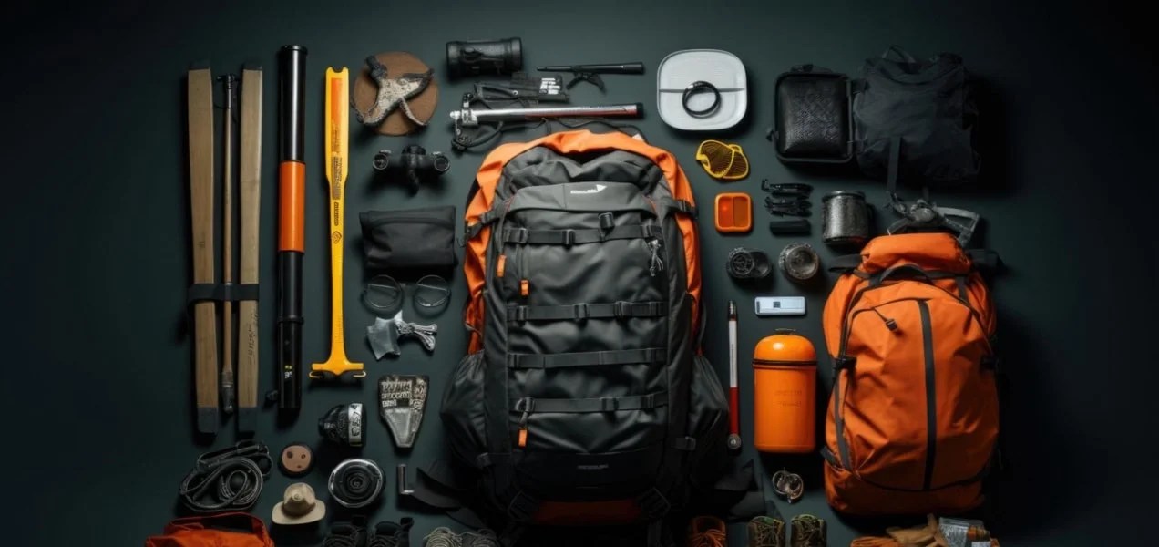 flatlay of camping items, like backpacks, tools, and more