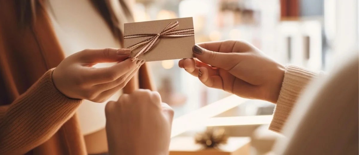someone handing a gift card to another person