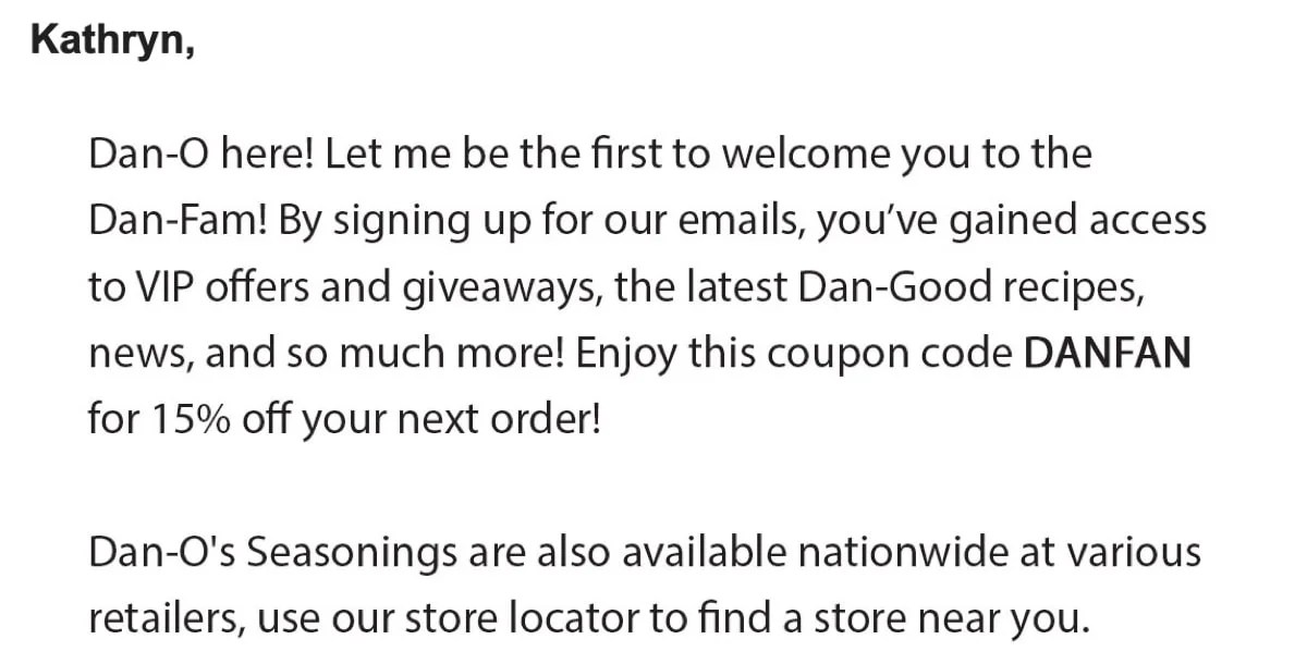welcome email with a 15% off coupon from Dan-O's