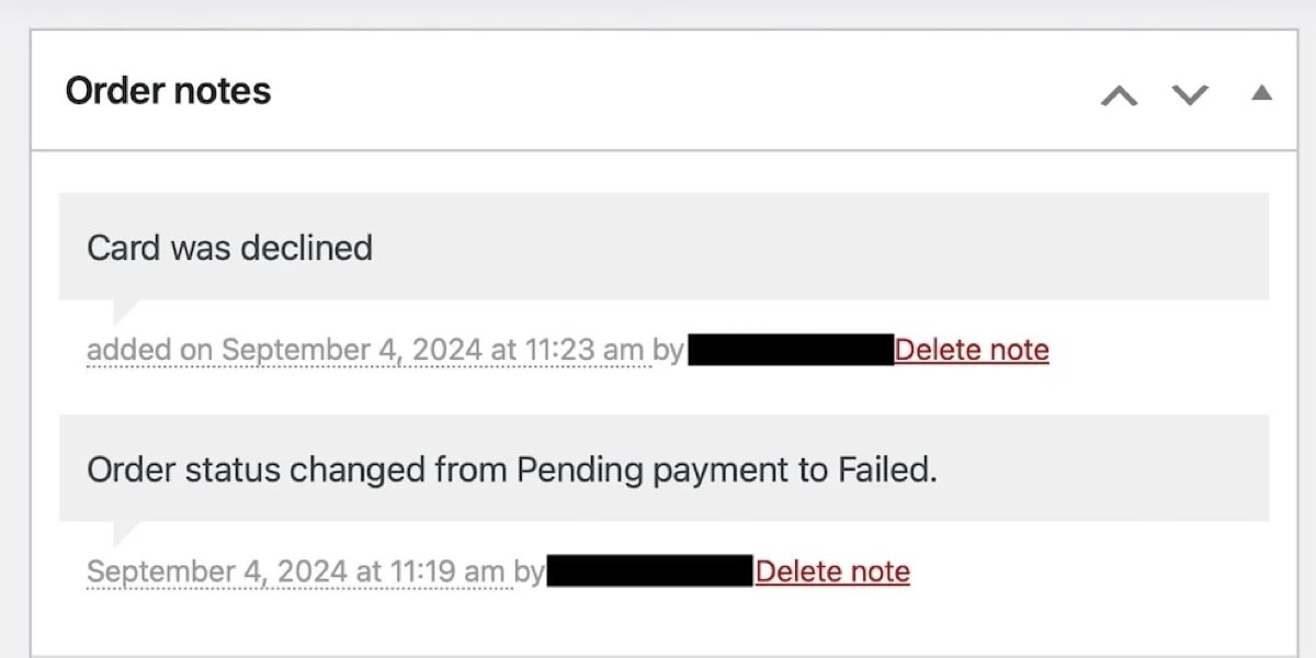 order note that a card was declined