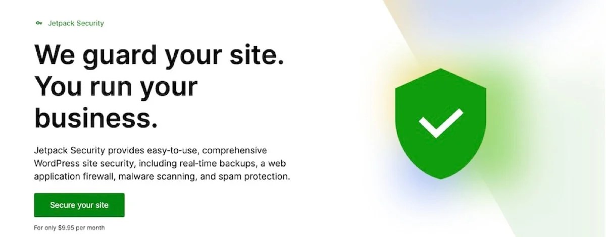 Jetpack Security homepage with the text "We guard your site. You run your business."