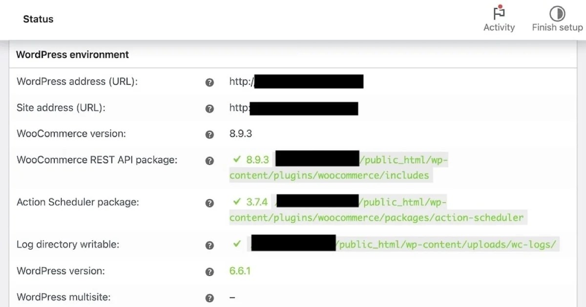 WordPress environment info such as WordPress version and site address