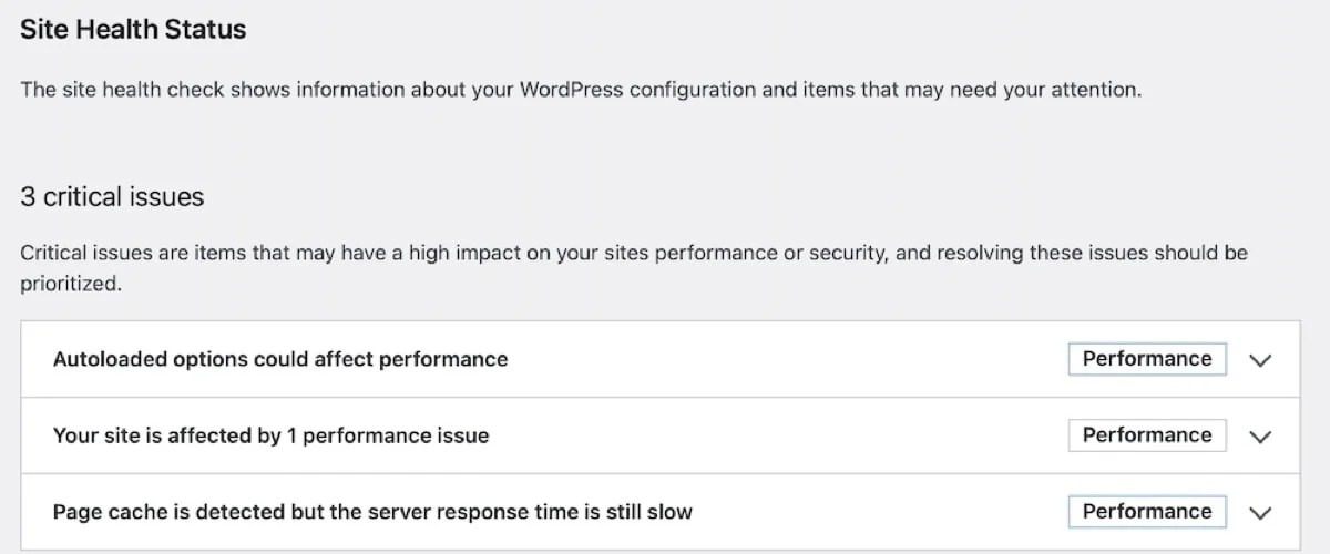 critical issues listed under Site Health