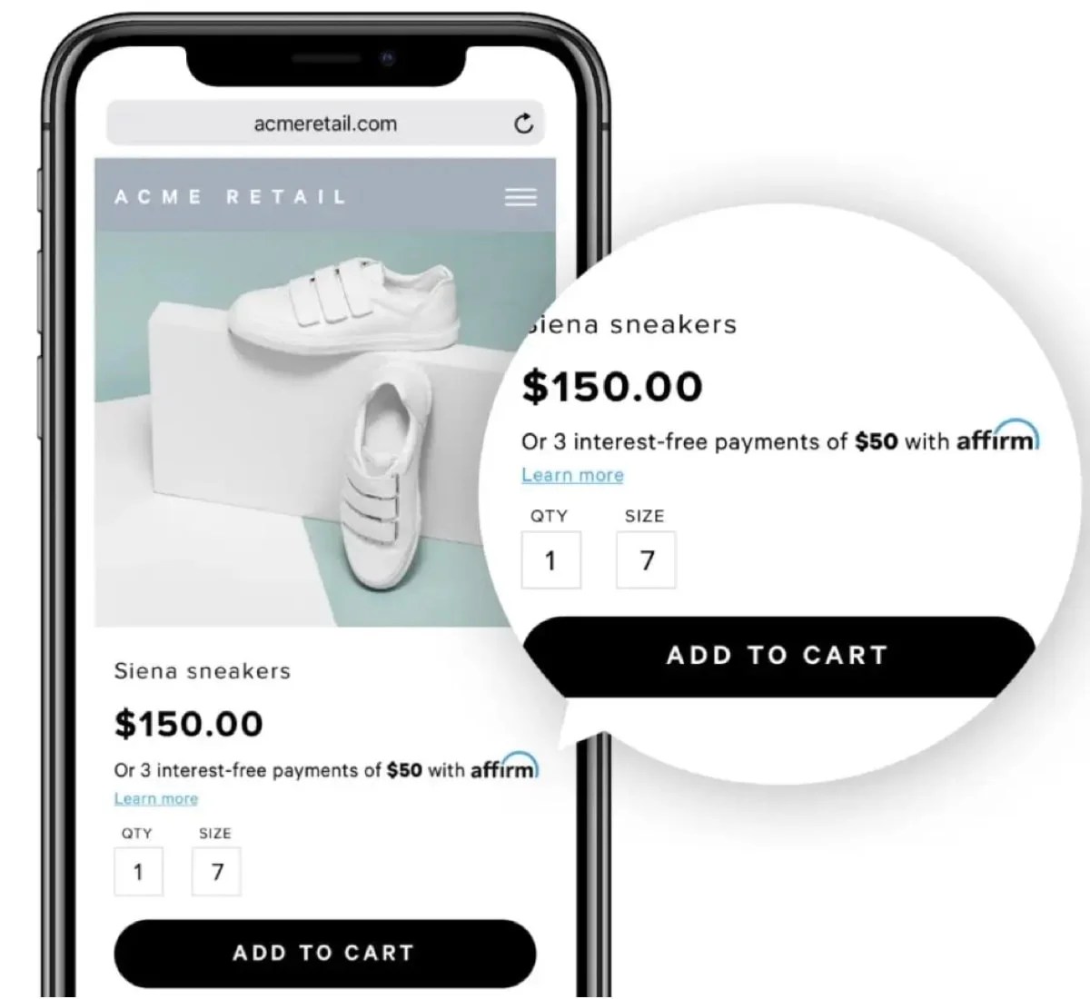 example of Affirm on a product page prior to adding it to the cart