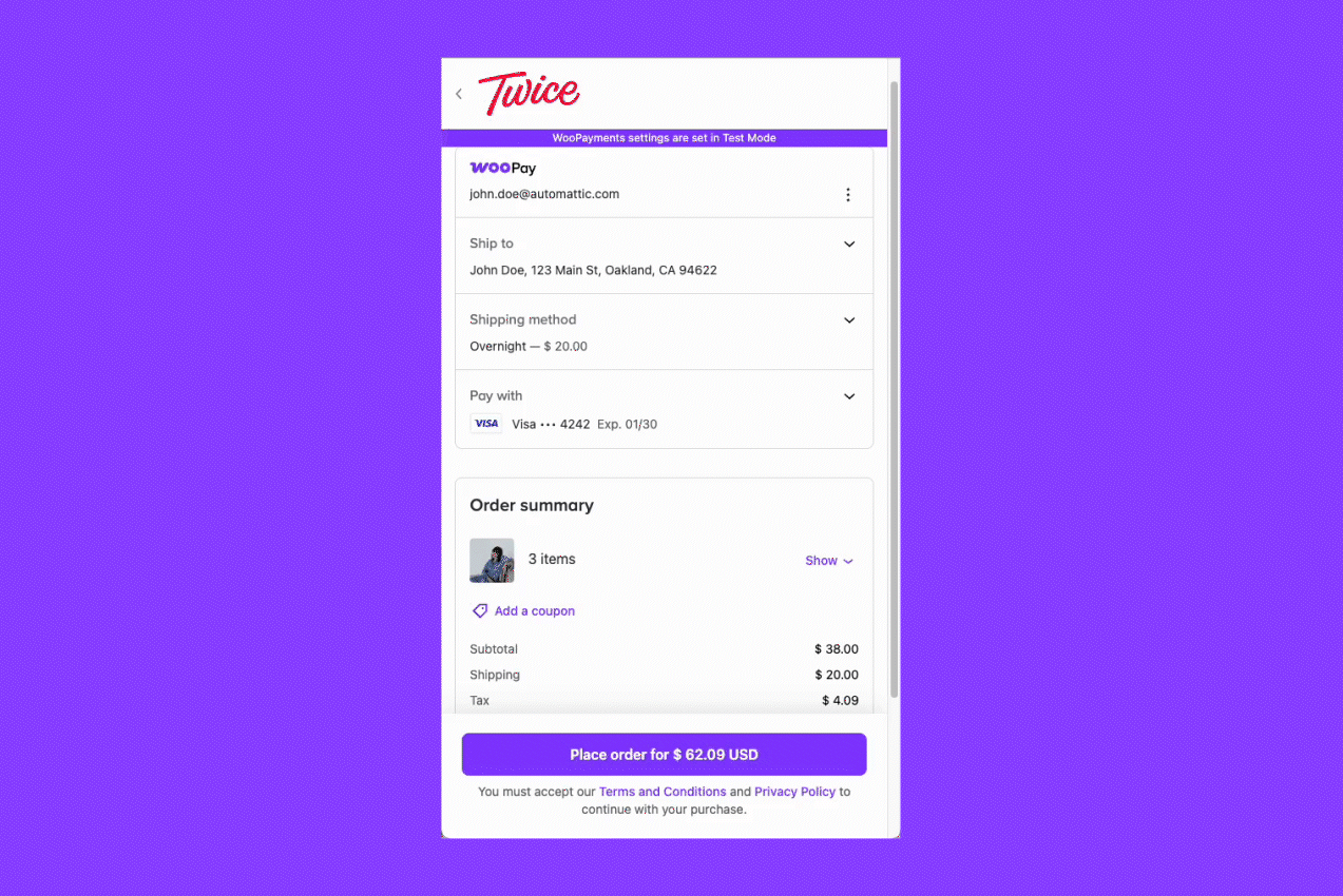 a gif showing the one-click checkout experience with WooPay on WooCommerce