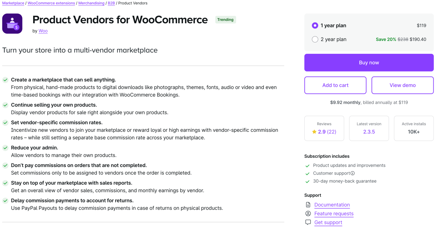Woo Marketplace product page for the Product Vendors extension