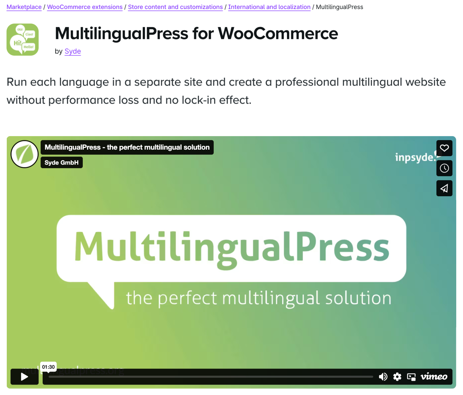 MultilingualPress for WooCommerce extension page