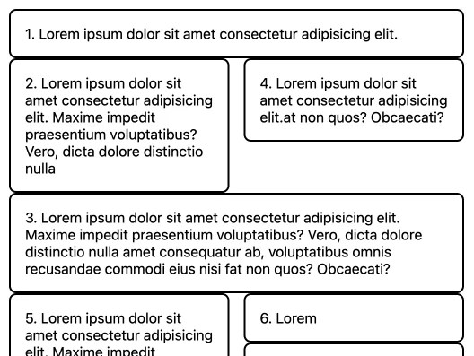 A masonry layout of cards that alternates between one and two columns.
