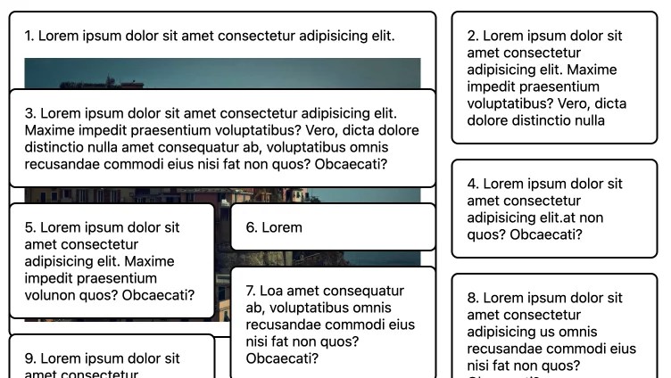 The first item in the masonry layout contains an image with text and sits behind other items in the first two columns.