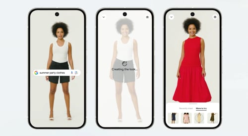 Screenshot of Google's virtual try-on feature showing a female in three dresses Screenshot of Google's virtual try-on feature showing a female in three dresses