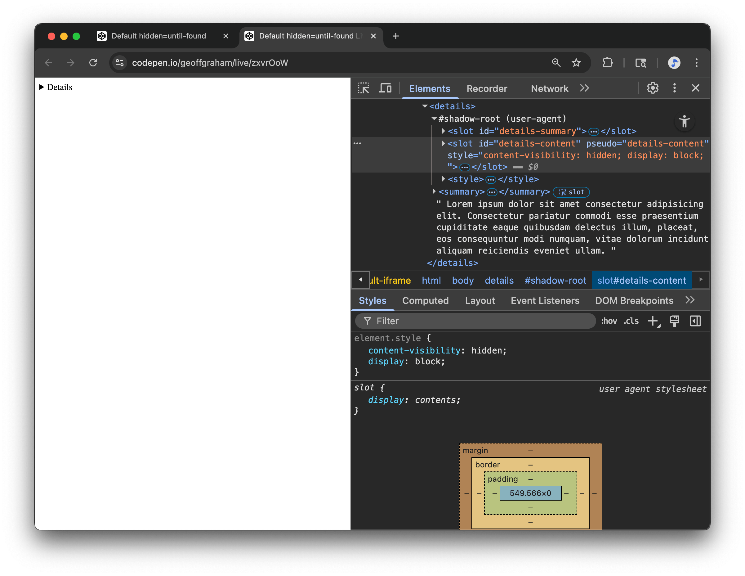 Inspecting the details element's Shadow DOM in Chrome DevTools.