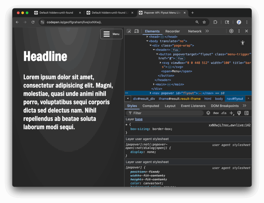 Showing the user agent styles for a popover element in Chrome DevTools.
