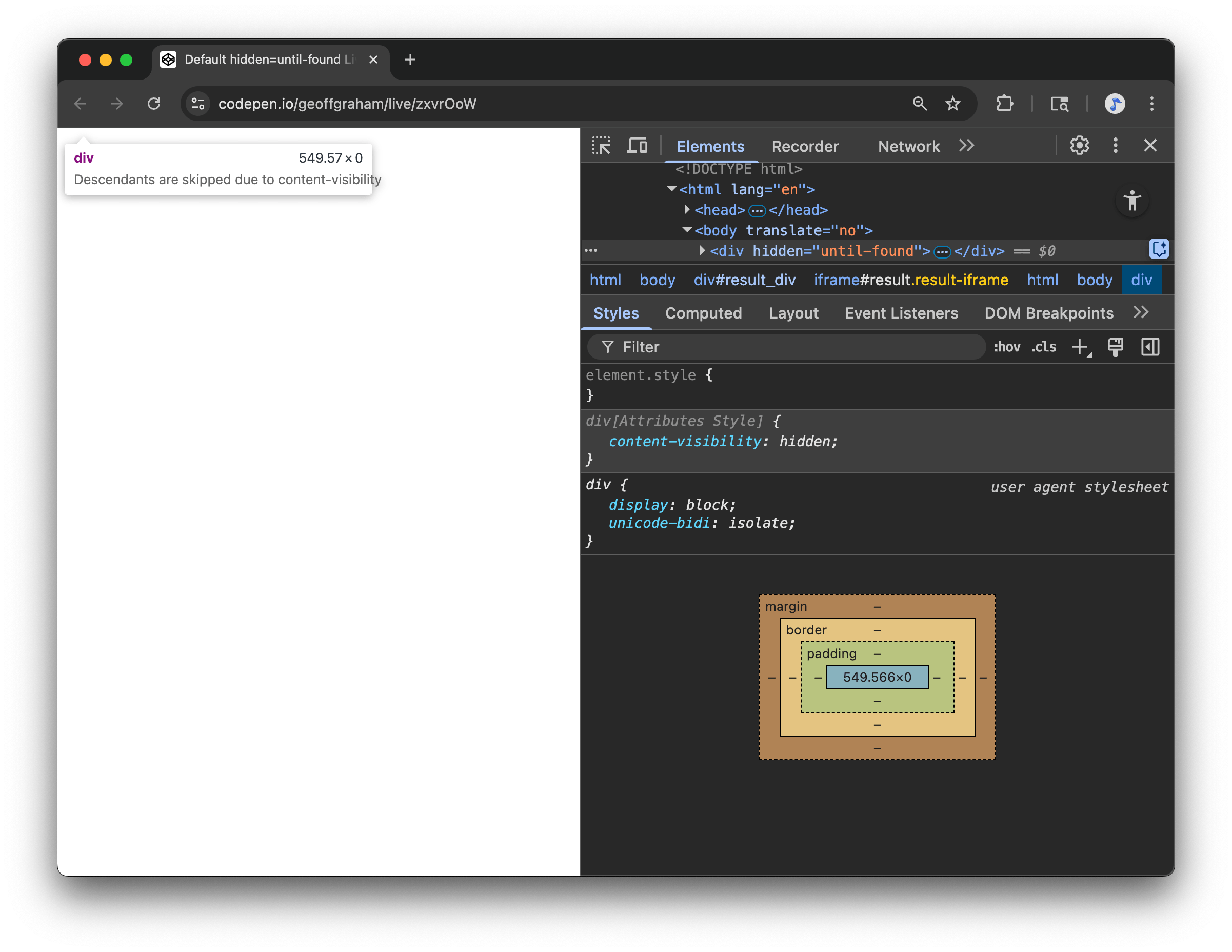 Inspecting an element with the attribute in place in Chrome DevTools.