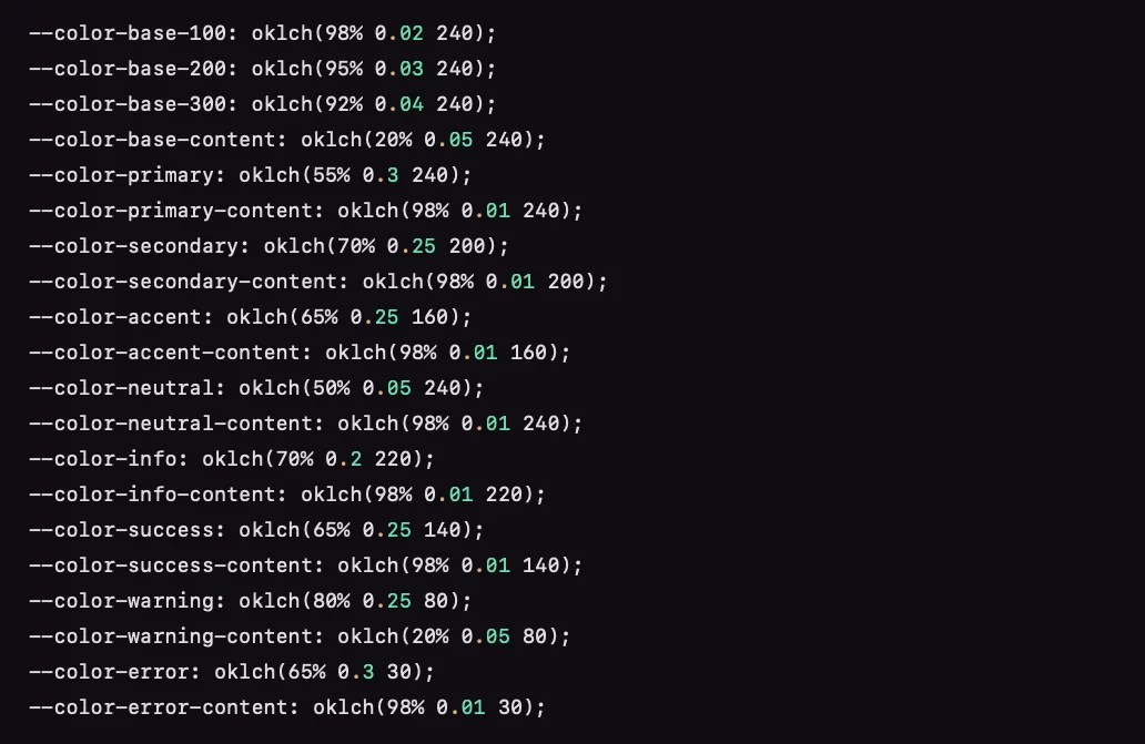 showing 20 CSS variables for colors with names based on scale, and utility. All variables are defined with the oklch color function.