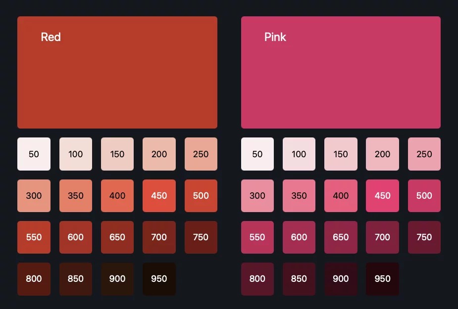 Two color palettes, one for red and one for pink, each with a grid of squares showing the variations going from light to dark.