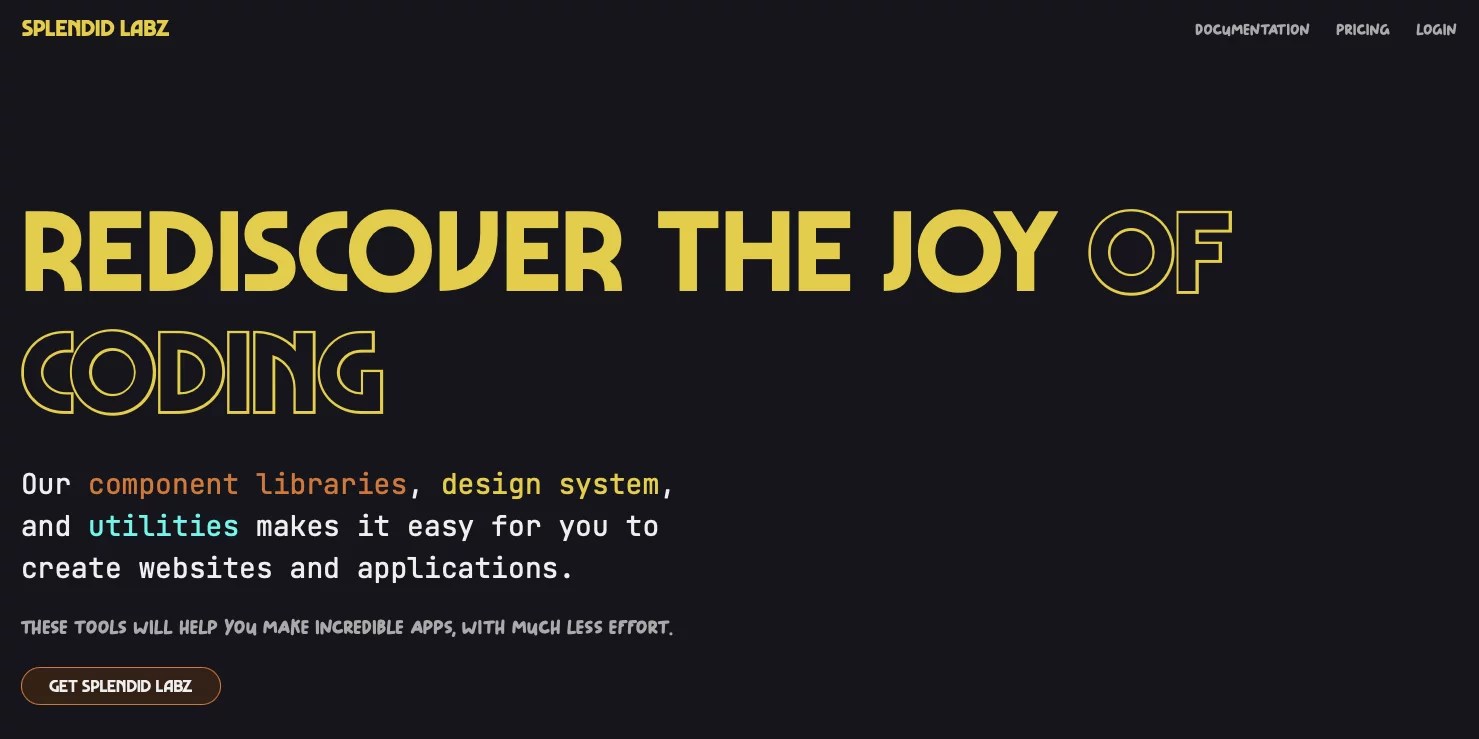 The Splendid Labz homepage. Black background, yellow heading, white body text. Rediscover the joy of coding.