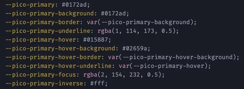 Showing 10 CSS variables naming color by their use, such as pico-primary-background and pico-primary-border.