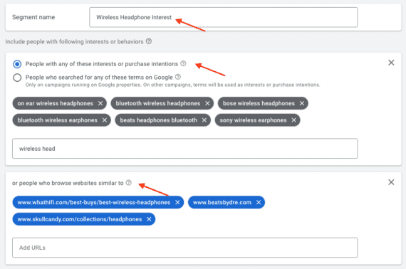 Screenshot of the Google Ads admin page for the custom segment.