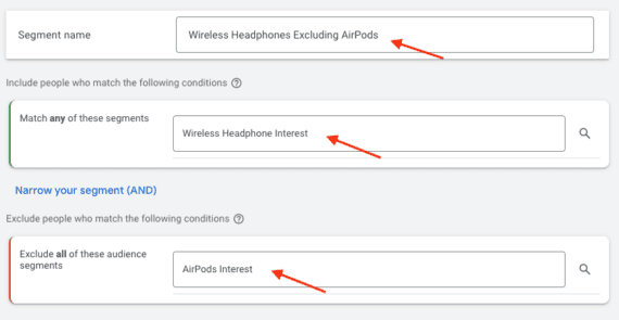 Screenshot of the Google Ads page excluding AirPods 