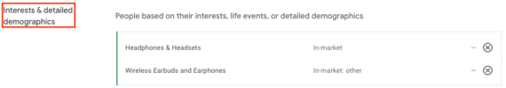 Screenshot of "Interests & detailed demographics" interface in Google Ads