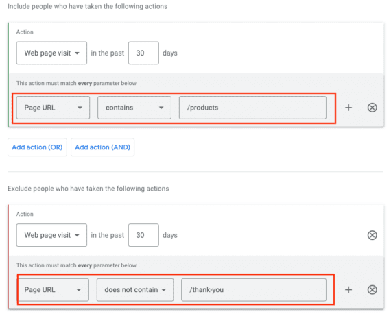 Screenshot of the Google Ads admin page to build the audience.