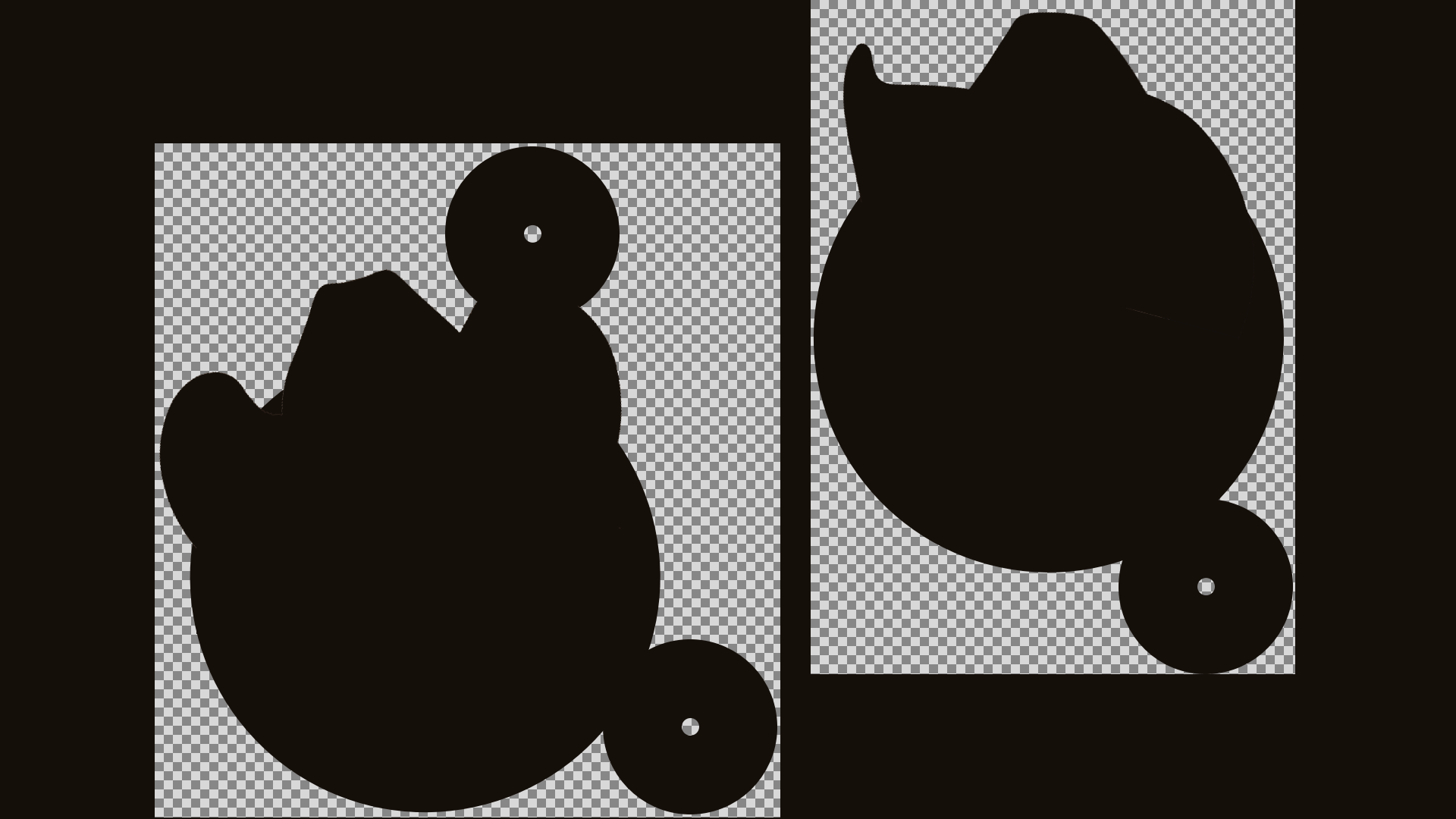Showing silhouettes of the irregularly shaped alpha channels against a transparent background.