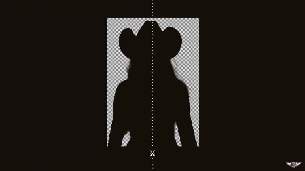 A silhouette of Patty's image with a dotted line dividing the image vertically against a transparent background.