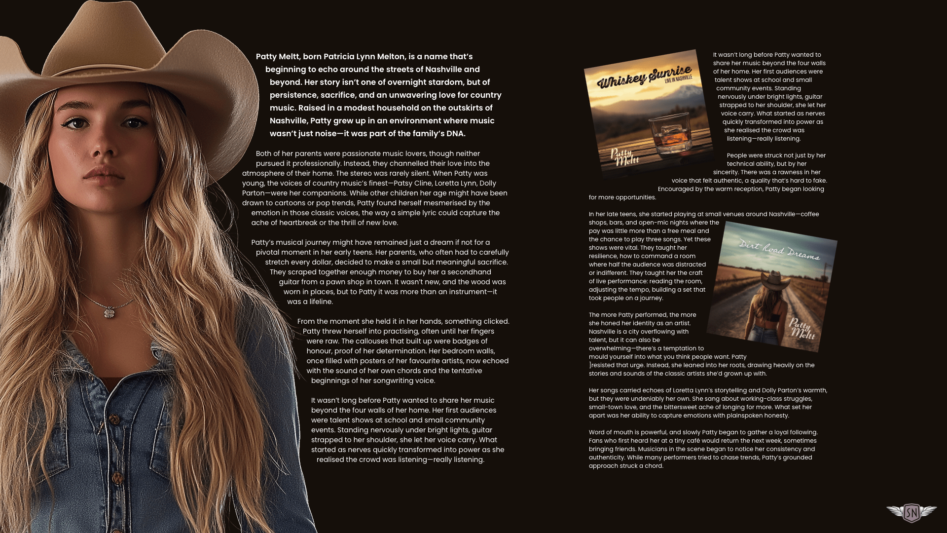 Imager of Patty on the left and two columns of white text on a black background to the right. The second column of text flows around two images showing album covers.