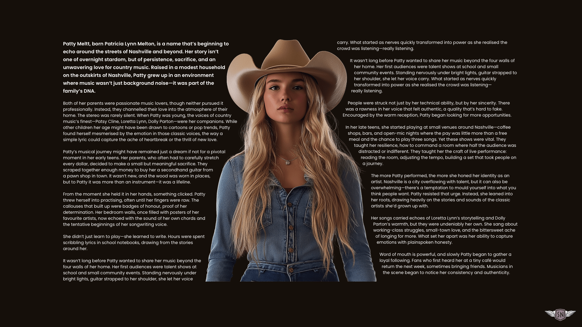 Patty's image centered between two columns of white text flowing around it.