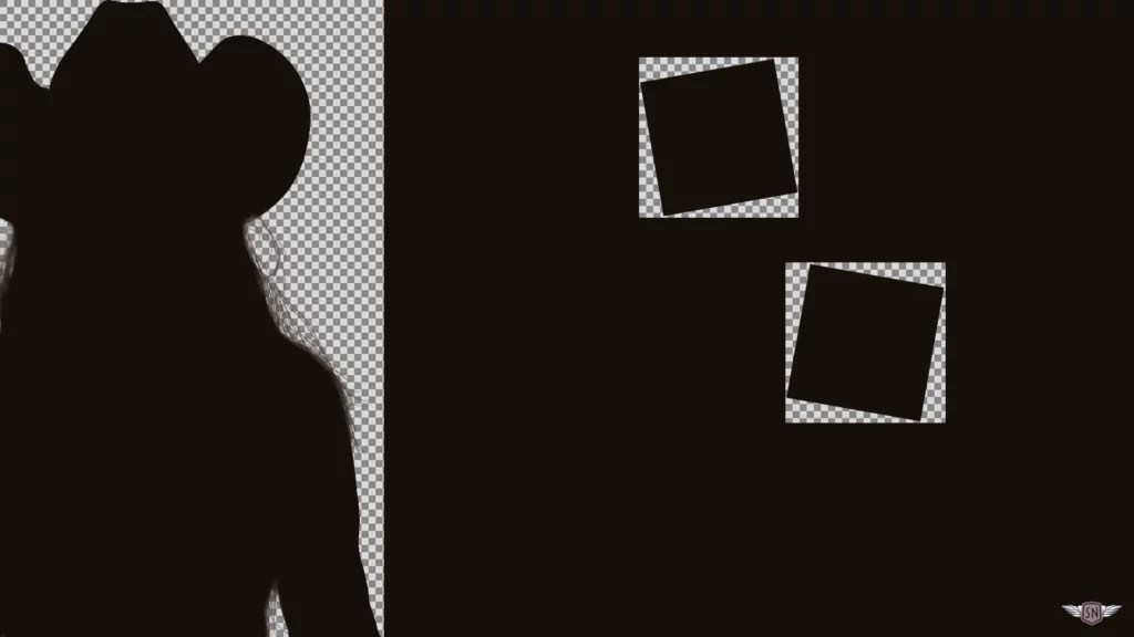 Silhouette of Patty's image on the left and two slightly rotated squares on the right that the text will flow around.