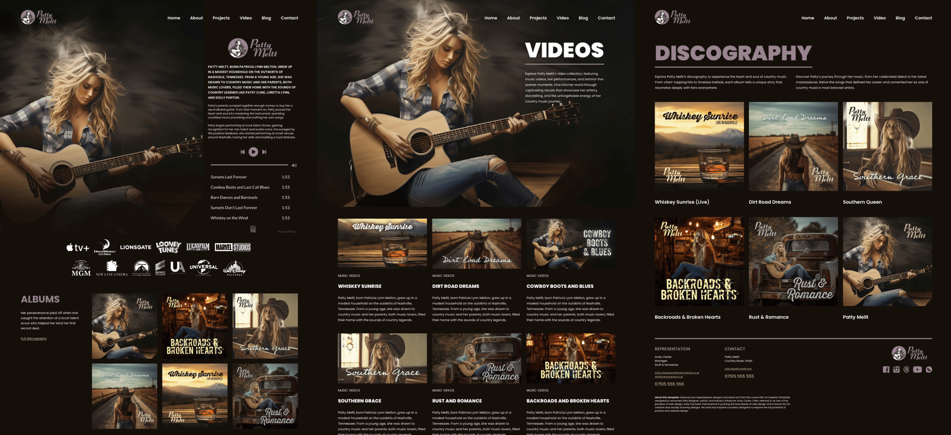 A collage of three screenshots of Patty Melt's website side-by-side demonstrating the use of text flowing around image shapes.